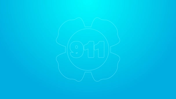 Línea rosa Teléfono con llamada de emergencia 911 icono aislado sobre fondo azul. Policía, ambulancia, bomberos, llamada, teléfono. Animación gráfica de vídeo 4K — Vídeo de stock
