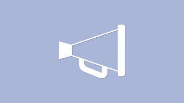 Mor arkaplanda izole edilmiş beyaz megafon simgesi. Sözcü işareti. 4K Video hareketli grafik canlandırması