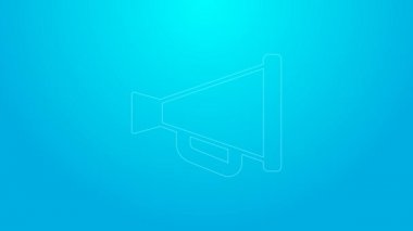 Mavi arkaplanda izole edilmiş pembe çizgi megafon simgesi. Sözcü işareti. 4K Video hareketli grafik canlandırması