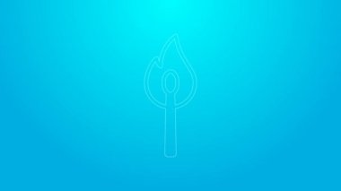 Mavi arkaplanda izole edilmiş ateş ikonu ile pembe çizgi yakma kibriti. Ateşle maç. Kibrit işareti. 4K Video hareketli grafik canlandırması