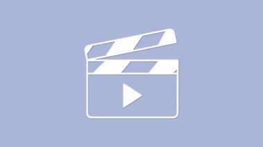 Beyaz Film alkış simgesi mor arkaplanda izole edildi. Film alkışlama tahtası. Alkış tahtası işareti. Sinema yapımı ya da medya endüstrisi. 4K Video hareketli grafik canlandırması