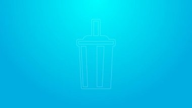 Mavi zemin üzerinde saman ve su ikonu olan pembe çizgi kağıt bardak. Soda bardağı. Taze soğuk içecek sembolü. 4K Video hareketli grafik canlandırması