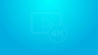 Mavi arkaplanda 4k Ultra HD video teknolojisi ikonu bulunan pembe çizgi ekran televizyon. 4K Video hareketli grafik canlandırması