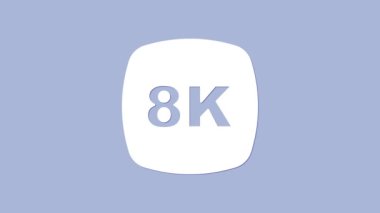 Beyaz 8k Ultra HD simgesi mor arkaplanda izole edildi. 4K Video hareketli grafik canlandırması
