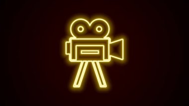 Parlayan neon hattı Retro sinema kamera ikonu siyah arkaplanda izole edildi. Video kamera. Film tabelası. Film projektörü. 4K Video hareketli grafik canlandırması