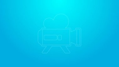 Pembe çizgi Retro sinema kamerası ikonu mavi arkaplanda izole edilmiş. Video kamera. Film tabelası. Film projektörü. 4K Video hareketli grafik canlandırması