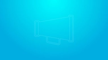 Mavi arkaplanda izole edilmiş pembe çizgi megafon simgesi. Sözcü işareti. 4K Video hareketli grafik canlandırması