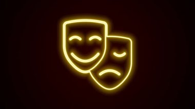 Parlak neon hattı komedi ve trajedi teatral maske ikonu siyah arka planda izole edildi. 4K Video hareketli grafik canlandırması