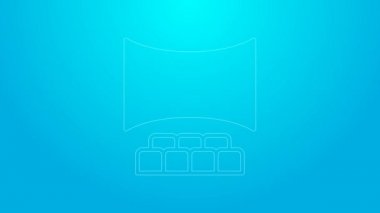 Mavi arka planda ekran simgesi olan pembe çizgi sinema salonu. 4K Video hareketli grafik canlandırması