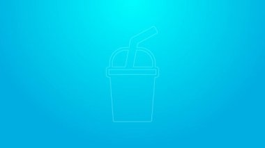 Mavi zemin üzerinde saman ve su ikonu olan pembe çizgi kağıt bardak. Soda bardağı. Taze soğuk içecek sembolü. 4K Video hareketli grafik canlandırması