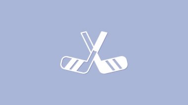 Beyaz buz hokeyi sopaları ikonu mor arka planda izole edilmiş. 4K Video hareketli grafik canlandırması