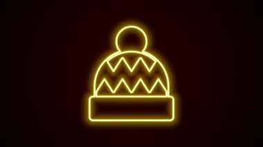 Parlayan neon hattı Beanie şapka simgesi siyah arkaplanda izole edildi. 4K Video hareketli grafik canlandırması