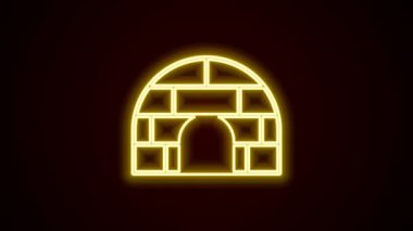 Parlayan neon hattı Igloo buz evi simgesi siyah arka planda izole edildi. Kar evi, Eskimo kubbesi şeklindeki baraka, bloklardan yapılmış. 4K Video hareketli grafik canlandırması
