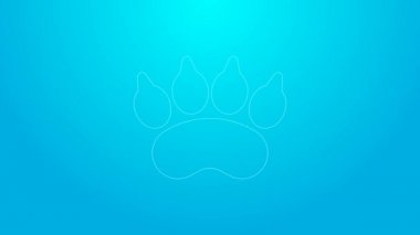 Mavi arka planda izole edilmiş pembe çizgi ayı pençesi ayak izi ikonu. 4K Video hareketli grafik canlandırması