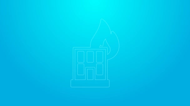 Rosa linje Brand i brinnande byggnad på stadens gata ikon isolerad på blå bakgrund. Förstörda staden brinner. 4K Video motion grafisk animation — Stockvideo