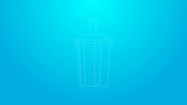 Rosa línea de vidrio de papel con paja para beber y agua icono aislado sobre fondo azul. Un vaso de refresco. Símbolo de bebida fría fresca. Animación gráfica de vídeo 4K — Vídeos de Stock
