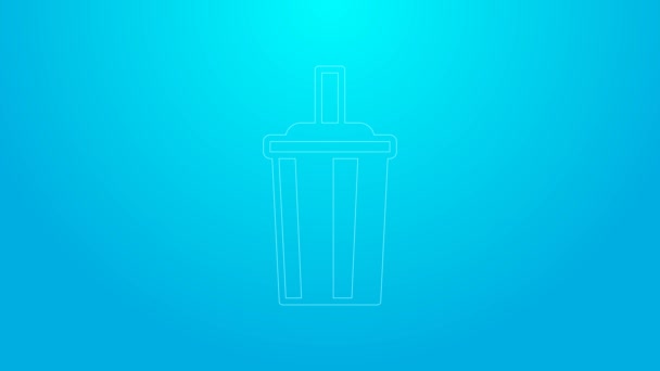 Pink line Paper glass with drinking straw and water icon isolated on blue background. Soda drink glass. Fresh cold beverage symbol. 4K Video motion graphic animation — Stock Video