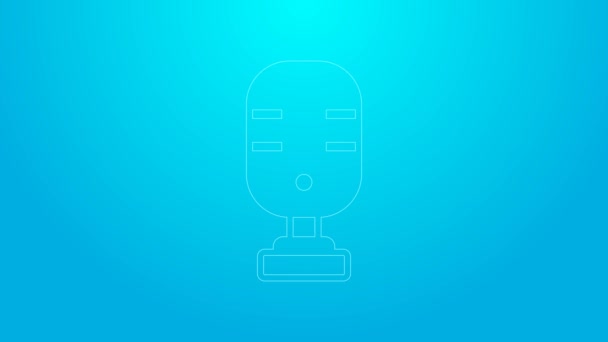 Rosa linje mikrofon ikon isolerad på blå bakgrund. På radiomikrofon. Talarskylt. 4K Video motion grafisk animation — Stockvideo