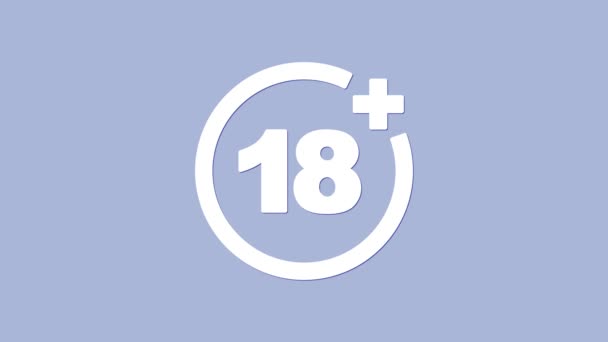 White Plus 18 icono de la película aislado sobre fondo púrpura. Contenido para adultos. Signo de menos de 18 años. Animación gráfica de vídeo 4K — Vídeo de stock