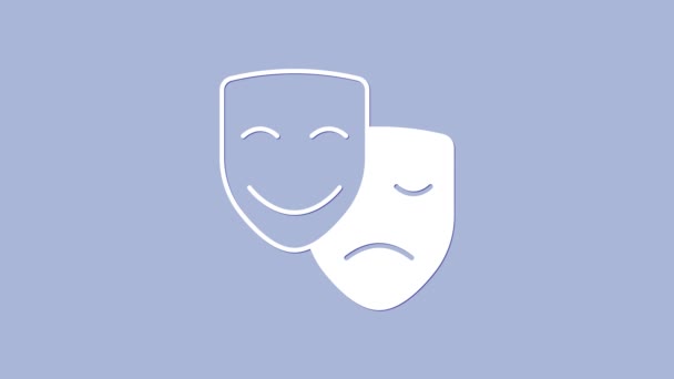 Белая комедия и трагические театральные маски икона выделена на фиолетовом фоне. Видеографическая анимация 4K — стоковое видео