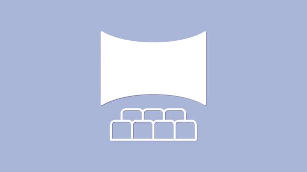 Auditorio de cine blanco con icono de pantalla aislado sobre fondo púrpura. Animación gráfica de vídeo 4K — Vídeo de stock