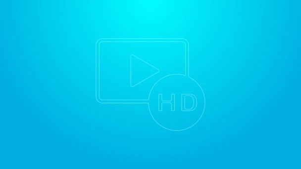 Pink line Hd movie, tape, frame icon isolated on blue background. 4K Video motion graphic animation — Stock Video