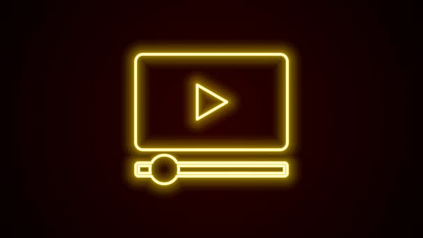 ネオンラインを光るオンライン再生ビデオアイコンは黒の背景に隔離されます。プレイサイン付きのフィルムストリップ。4Kビデオモーショングラフィックアニメーション — ストック動画