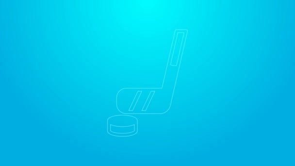 Rosa línea de palo de hockey sobre hielo y disco icono aislado sobre fondo azul. Animación gráfica de vídeo 4K — Vídeos de Stock