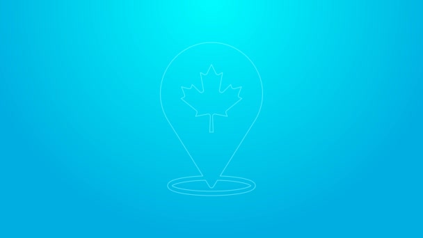 Pinkfarbene Linie kanadisches Ahornblatt-Symbol auf blauem Hintergrund. Kanada symbolisiert das Ahornblatt. 4K Video Motion Grafik Animation — Stockvideo