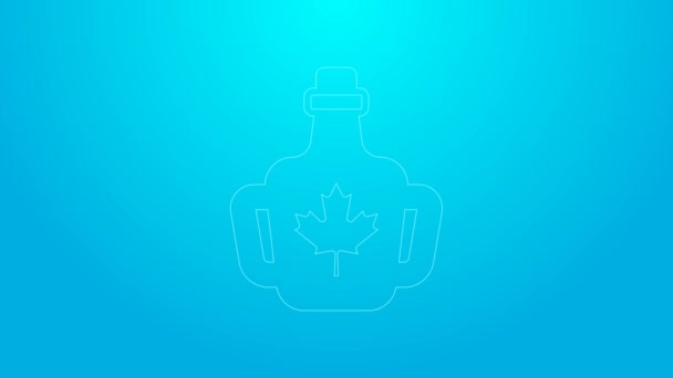 Pink line Bottle of maple syrup icon isolated on blue background. 4K Video motion graphic animation — Stock Video