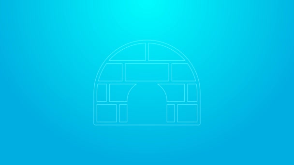 Pink line Igloo ice house icon isolated on blue background. Snow home, Eskimo dome-shaped hut winter shelter, made of blocks. 4K Video motion graphic animation — Stock Video