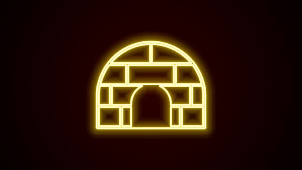 Светящаяся неоновая линия икона ледяного дома Иглу выделена на черном фоне. Снежный дом, зимнее укрытие в форме купола, сделанное из блоков. Видеографическая анимация 4K — стоковое видео
