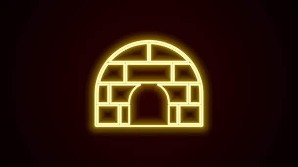 Glowing neon line Igloo ice house icon isolated on black background. Snow home, Eskimo dome-shaped hut winter shelter, made of blocks. 4K Video motion graphic animation — Stock Video