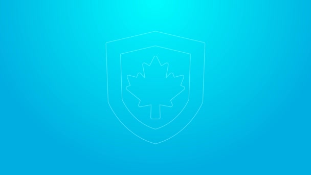 Mavi arka planda izole edilmiş bir kalkan simgesi üzerinde pembe çizgi Kanada bayrağı. 4K Video hareketli grafik canlandırması — Stok video