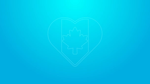 ピンクのラインハート型のカナダ国旗アイコンが青の背景に隔離されています。カナダのシンボルが好き。4Kビデオモーショングラフィックアニメーション — ストック動画