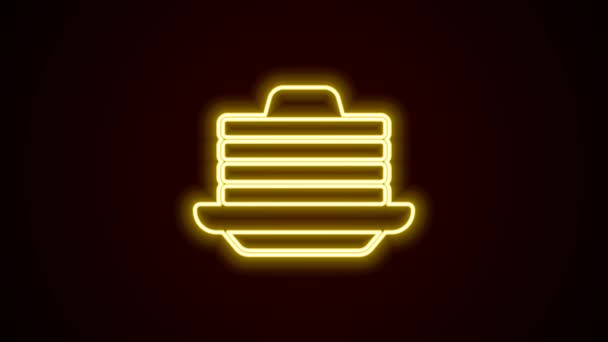 Leuchtende Neon-Linie Stapel von Pfannkuchen mit Honig-Symbol isoliert auf schwarzem Hintergrund. Frühstück. 4K Video Motion Grafik Animation — Stockvideo