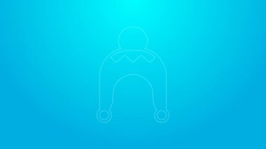 Mavi arka planda izole edilmiş pembe çizgi kış şapkası simgesi. 4K Video hareketli grafik canlandırması