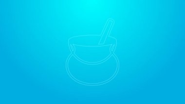 Pembe çizgi cadı kazan ikonu mavi arkaplanda izole edildi. Mutlu Cadılar Bayramı Partisi. 4K Video hareketli grafik canlandırması