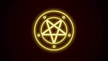 Siyah arkaplanda izole edilmiş bir daire simgesinde parlayan neon çizgisi Pentagram. Sihirli okült yıldız sembolü. 4K Video hareketli grafik canlandırması