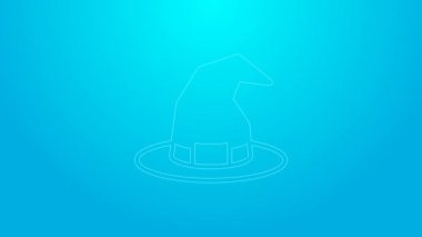 Pembe çizgi cadı şapkası simgesi mavi arkaplanda izole edildi. Mutlu Cadılar Bayramı Partisi. 4K Video hareketli grafik canlandırması