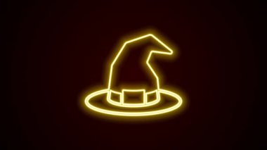 Parlayan neon hattı cadı şapkası simgesi siyah arkaplanda izole edildi. Mutlu Cadılar Bayramı Partisi. 4K Video hareketli grafik canlandırması