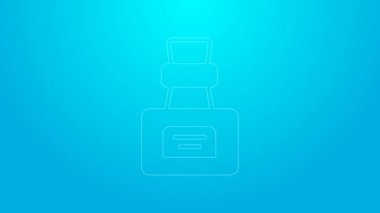 Mavi arkaplanda ikon izole edilmiş pembe çizgi şişe. Sihirli iksirli matara. Mutlu Cadılar Bayramı Partisi. 4K Video hareketli grafik canlandırması