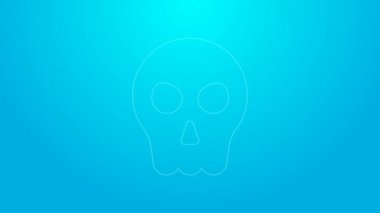 Mavi arka planda izole edilmiş pembe çizgili Kafatası simgesi. Mutlu Cadılar Bayramı Partisi. 4K Video hareketli grafik canlandırması