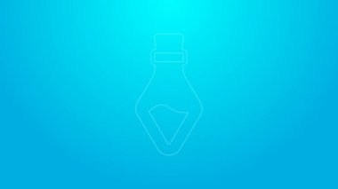 Mavi arkaplanda ikon izole edilmiş pembe çizgi şişe. Sihirli iksirli matara. Mutlu Cadılar Bayramı Partisi. 4K Video hareketli grafik canlandırması