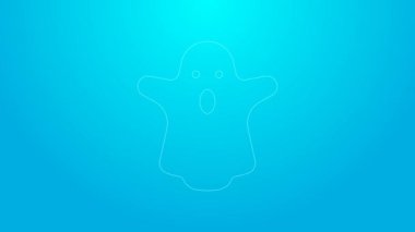 Pembe çizgi Hayalet simgesi mavi arkaplanda izole edildi. Mutlu Cadılar Bayramı Partisi. 4K Video hareketli grafik canlandırması