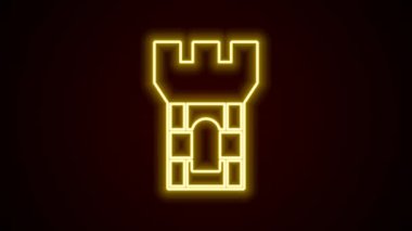 Parlayan neon hattı Castle kulesi simgesi siyah arkaplanda izole edildi. Kale işareti. 4K Video hareketli grafik canlandırması