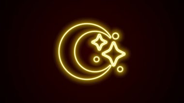 Parlayan neon hattı Ay ve yıldız simgesi siyah arkaplanda izole edildi. Bulutlu gece işareti. Uyku rüyalarının sembolü. Dolunay. Gece ya da yatak zamanı tabelası. 4K Video hareketli grafik canlandırması