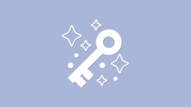 Mor arkaplanda izole edilmiş beyaz eski sihirli anahtar simgesi. 4K Video hareketli grafik canlandırması