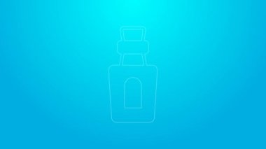 Mavi arkaplanda ikon izole edilmiş pembe çizgi şişe. Sihirli iksirli matara. Mutlu Cadılar Bayramı Partisi. 4K Video hareketli grafik canlandırması