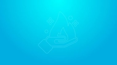 Pembe Çizgili El mavi arka planda izole edilmiş bir ateş ikonu tutuyor. 4K Video hareketli grafik canlandırması